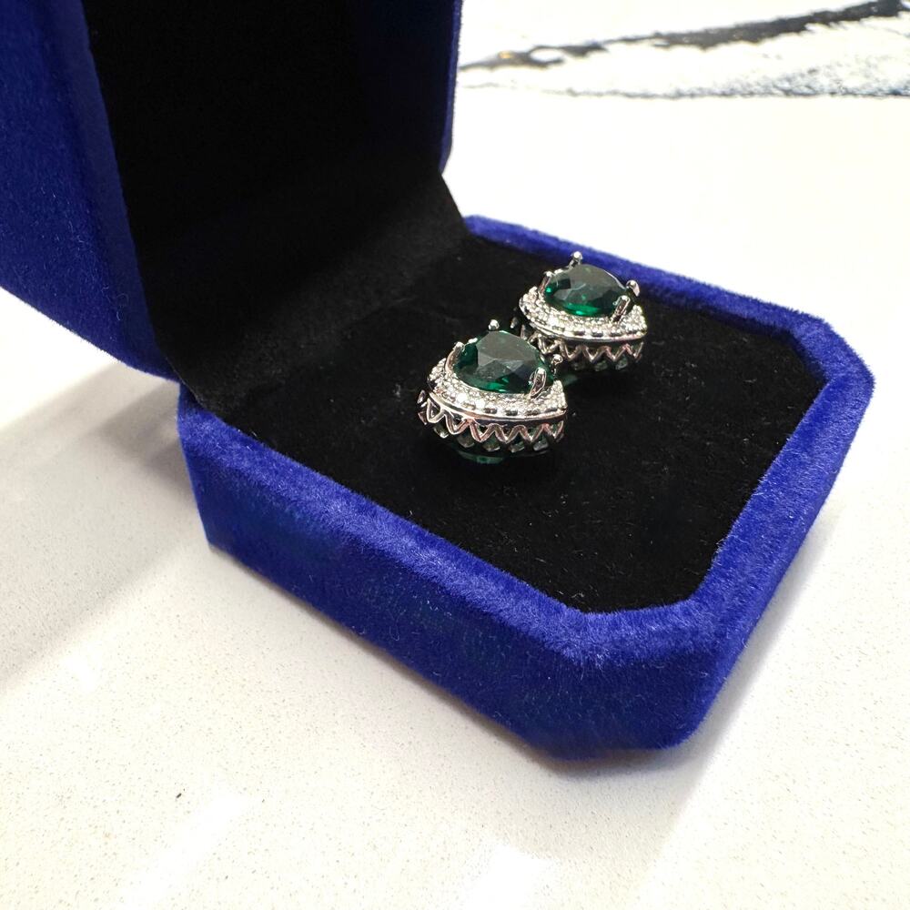 Emerald Green Crystal Heart Halo Stud Earrings Silver Tone NWOT